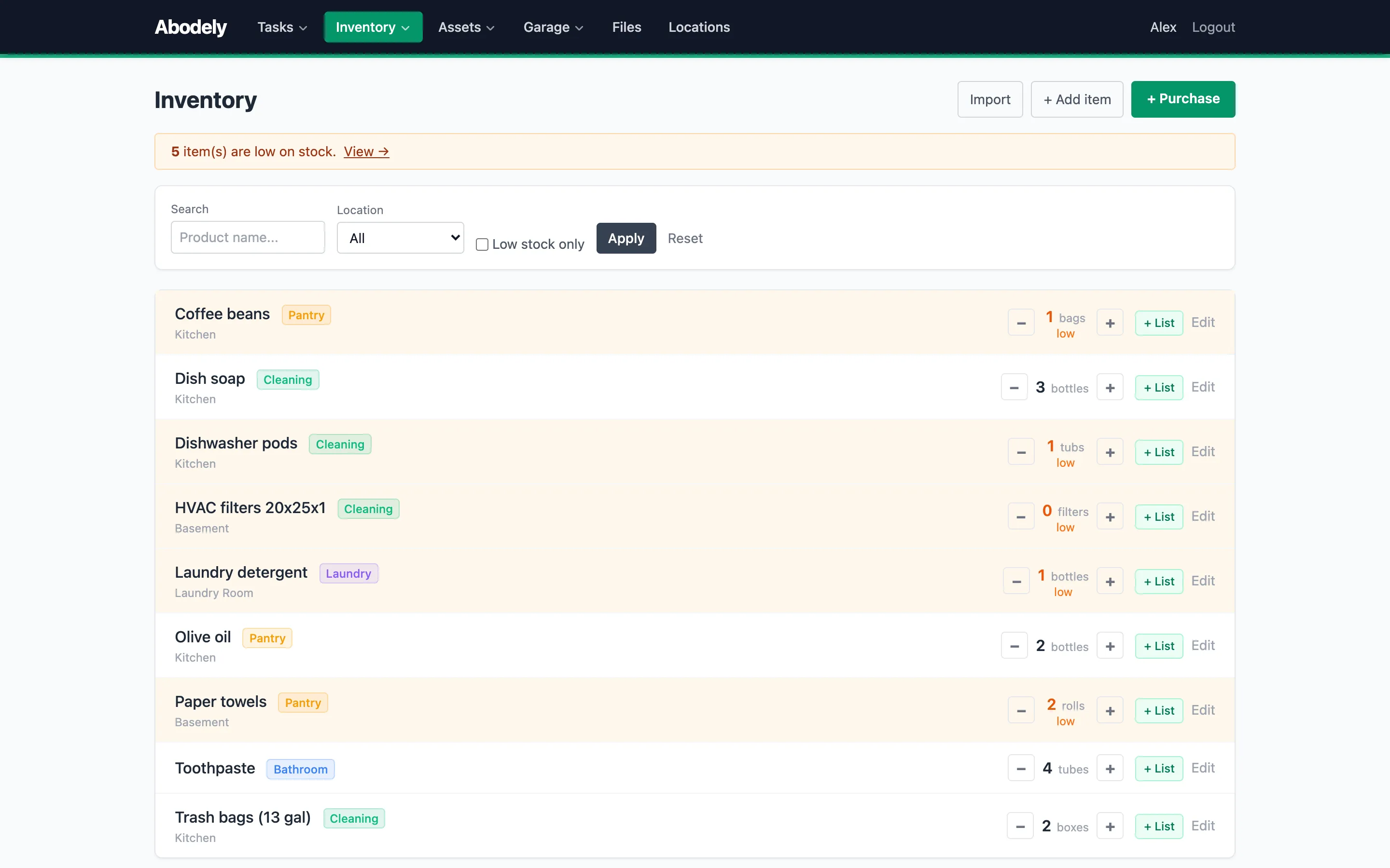 Abodely inventory showing household products with stock levels and low-stock alerts
