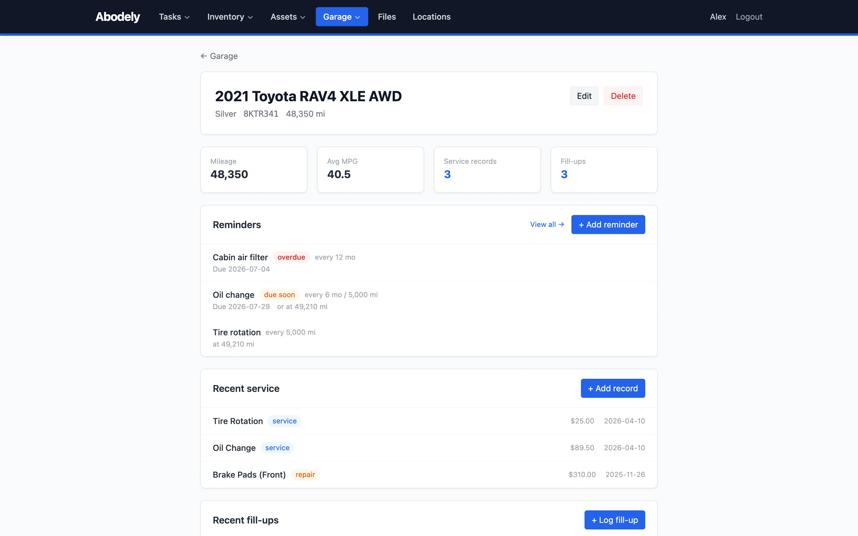 Abodely vehicle page with service reminders, maintenance records, and fuel economy